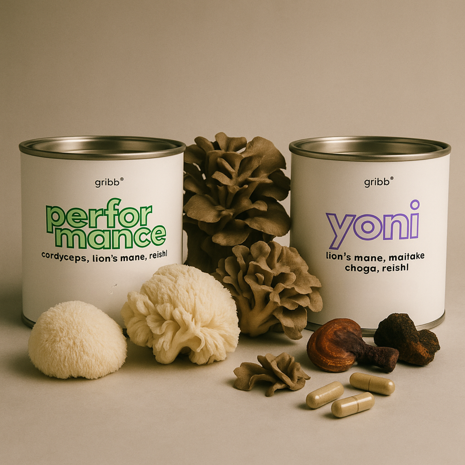 Two cans labeled 'performance' and 'yoni' with natural elements on a beige background