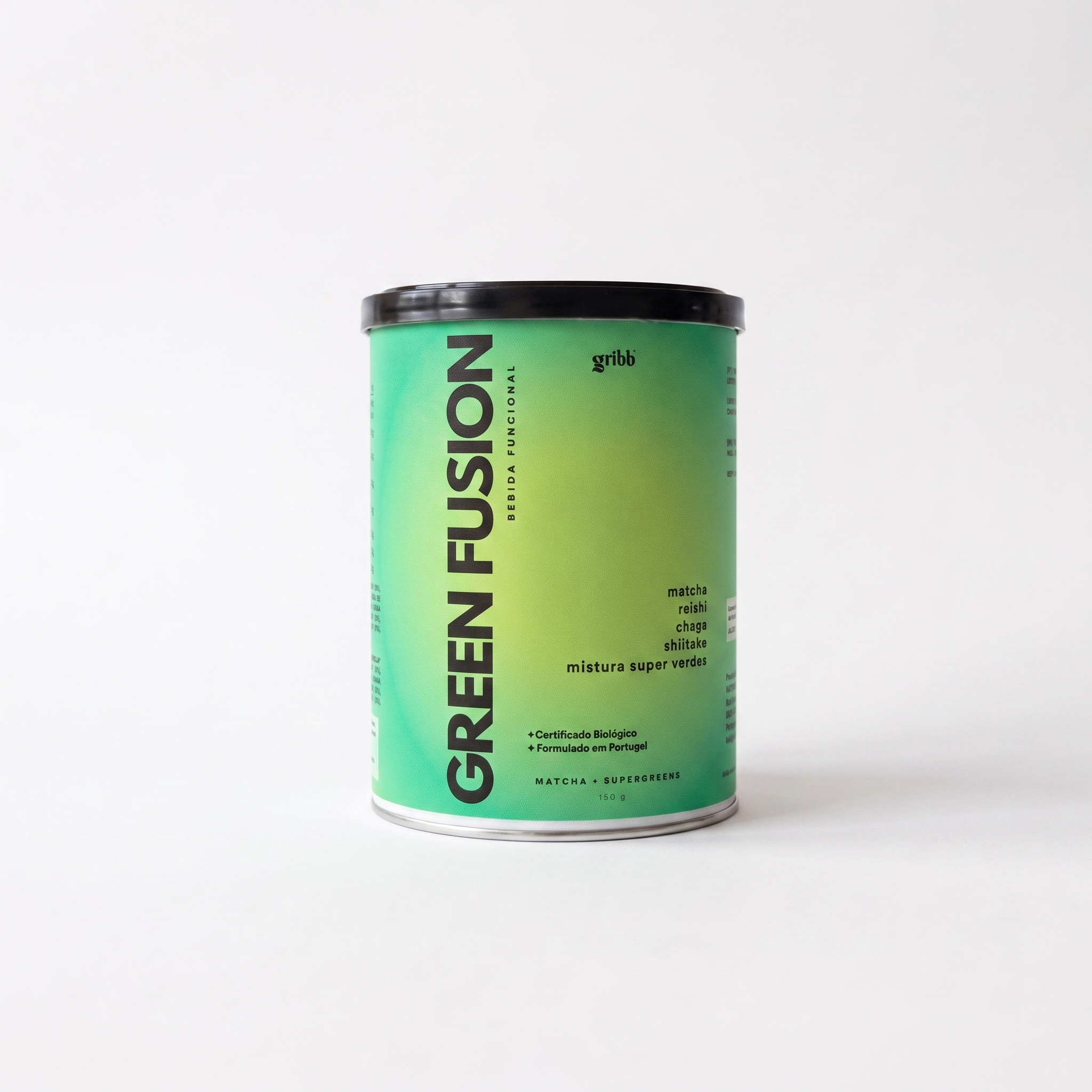 A green cylindrical canister of grblh Green Fusion Super Vitality Mix with a black lid, set against a plain white background.