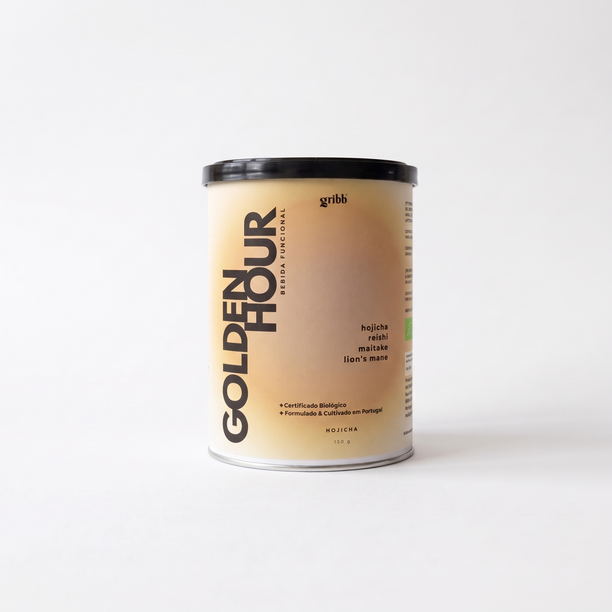 A 150 g canister of Gribb Golden Hour Hojicha on a clean white background. The canister has a warm beige gradient label with black text and a black lid.