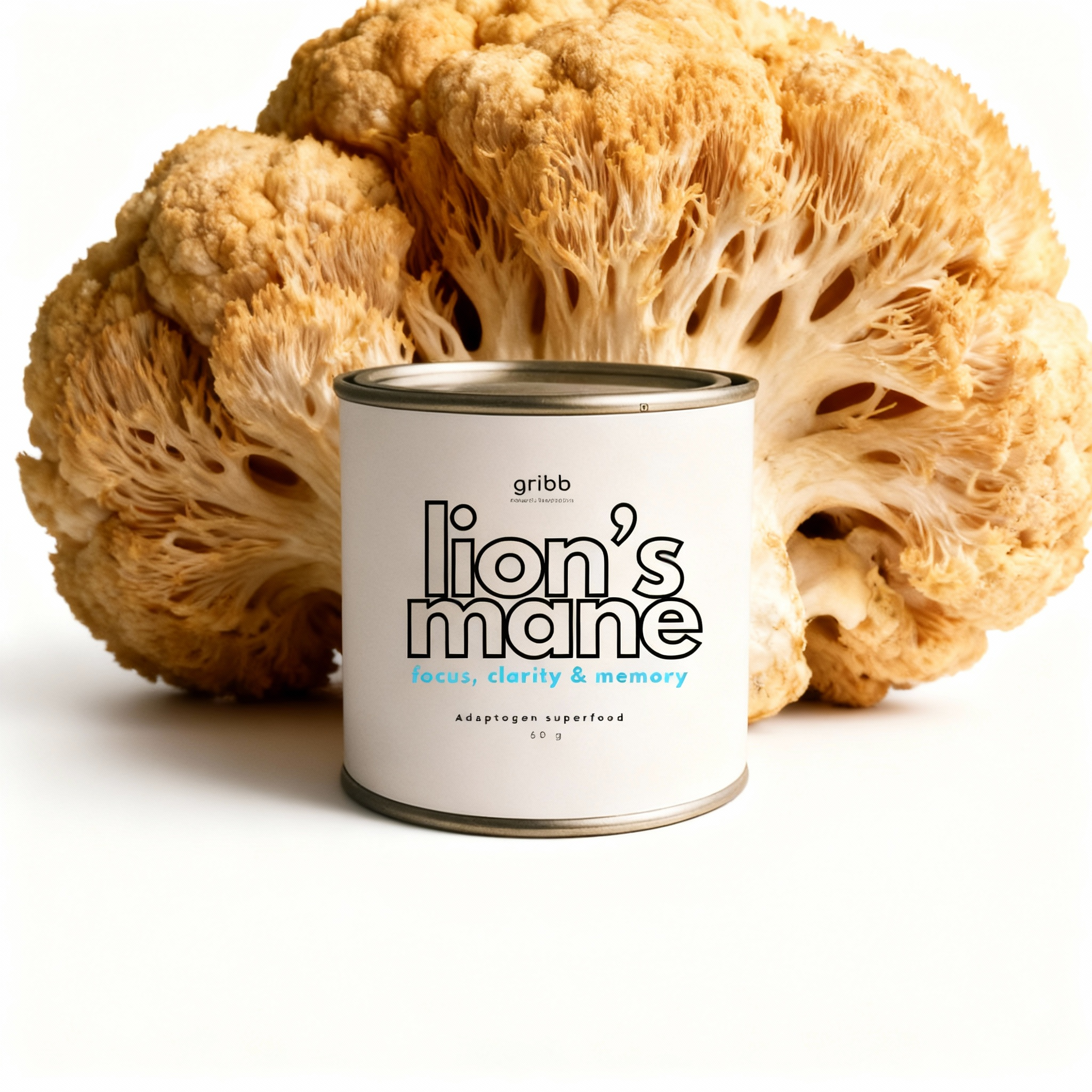 'gribb lion's mane' superfood with lion's mane mushrooms in the background