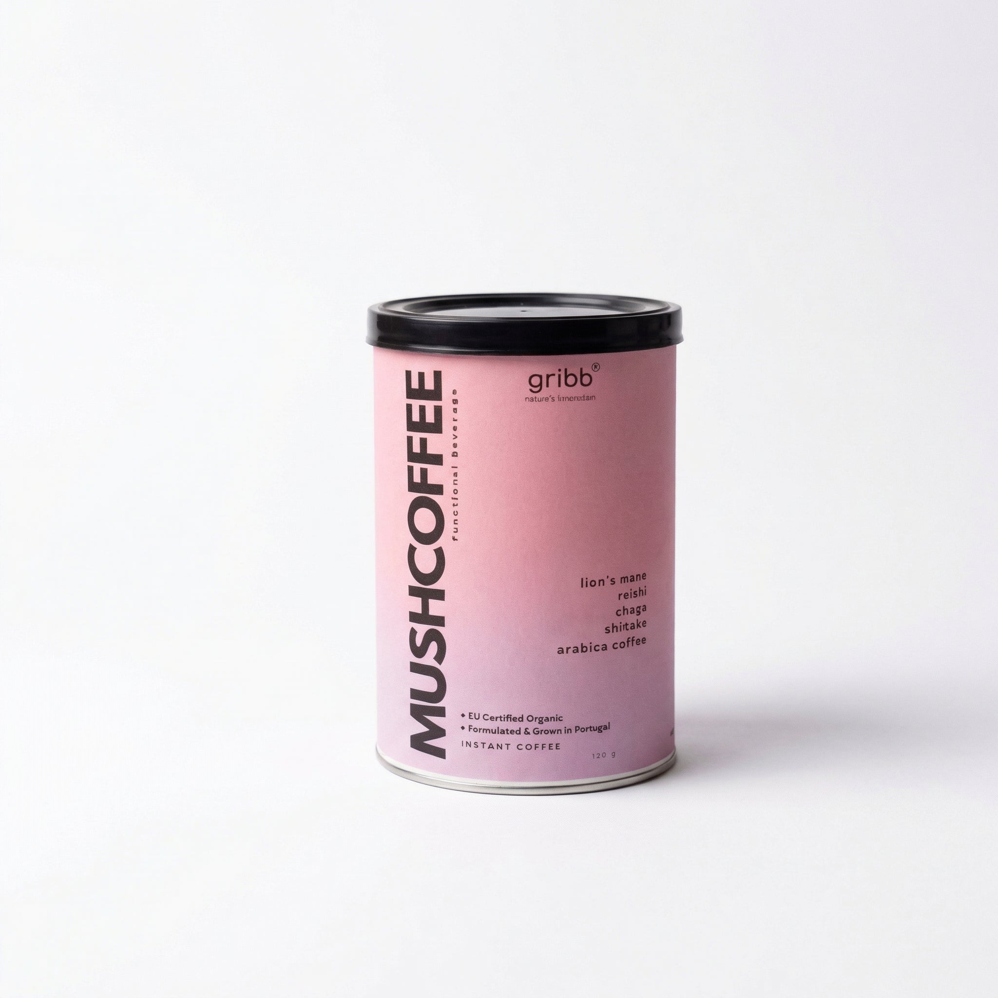 Pink canister of Gribb Mushcoffee on a white background
