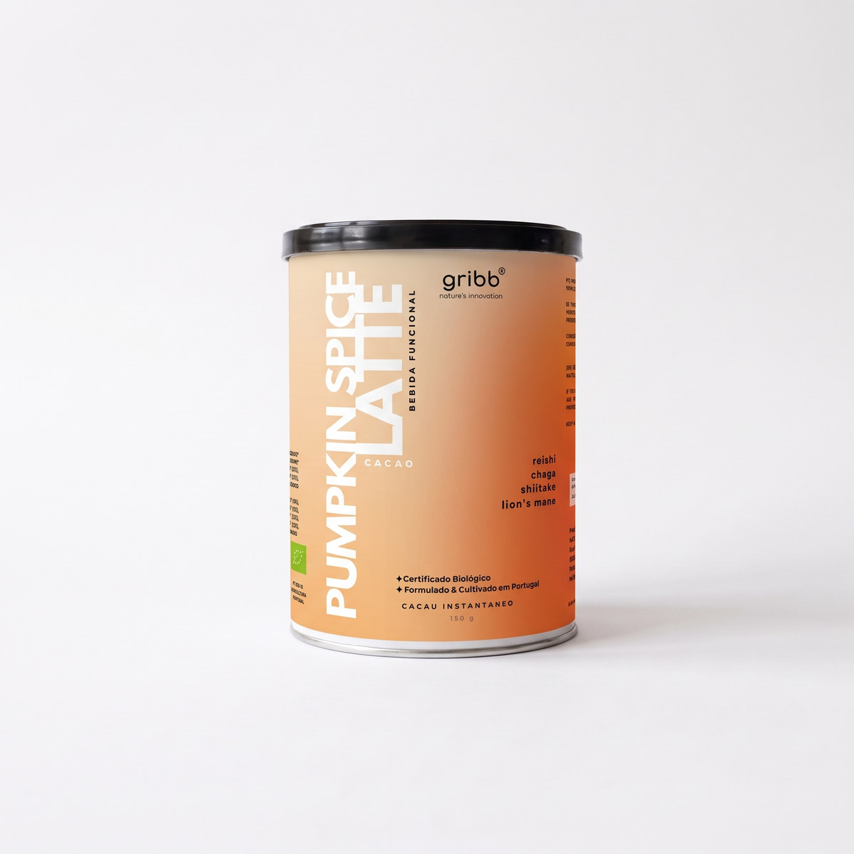 A canister of Gribb Pumpkin Spice Latte Cacao instant coffee, featuring a warm orange label with white text and a black lid, set against a clean white background.