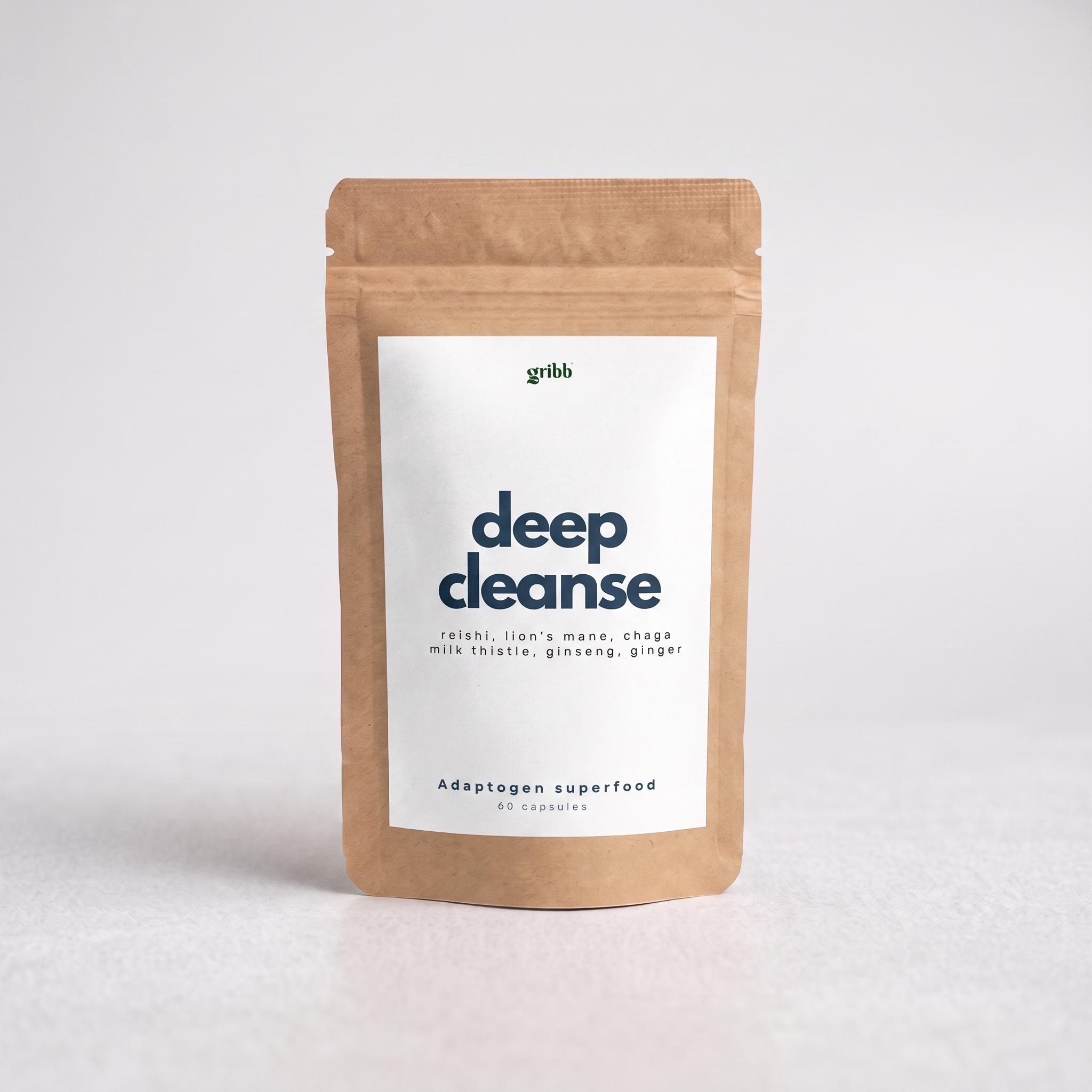 A kraft paper stand-up pouch with a white label reading 'deep cleanse' and the brand name 'gribb' at the top, photographed on a clean light gray background.