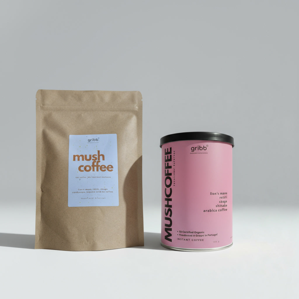 Mush Coffee package and pink canister on a gray background