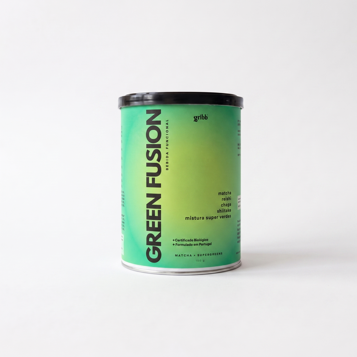 A green cylindrical canister of grblh Green Fusion Super Vitality Mix with a black lid, set against a plain white background.