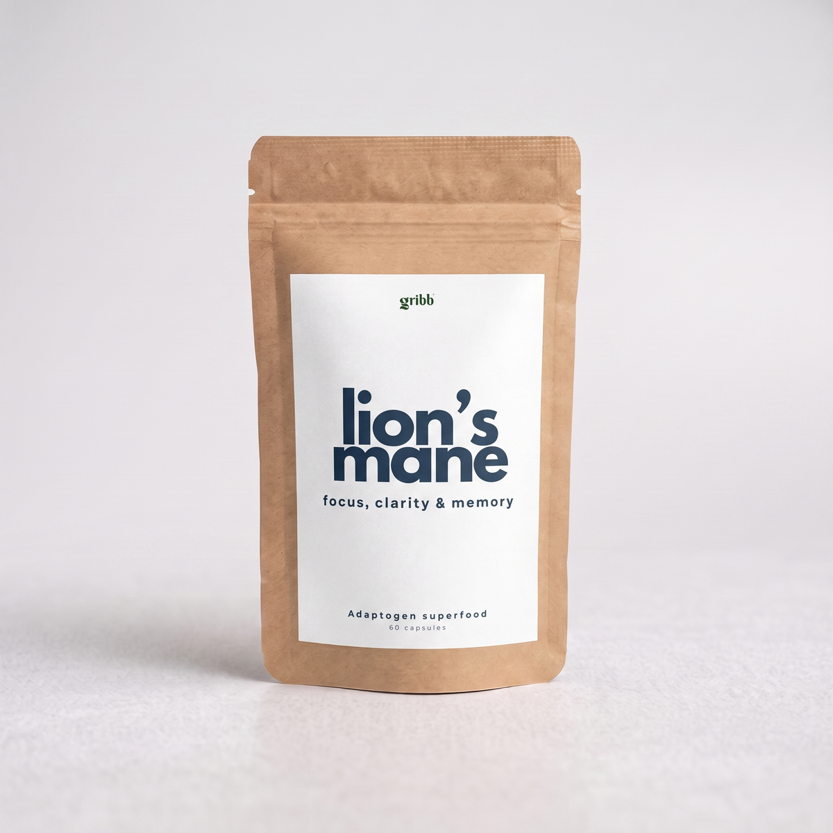 	Gribb Lion's Mane capsules kraft pouch (60 capsules), white label with dark navy text on light grey background