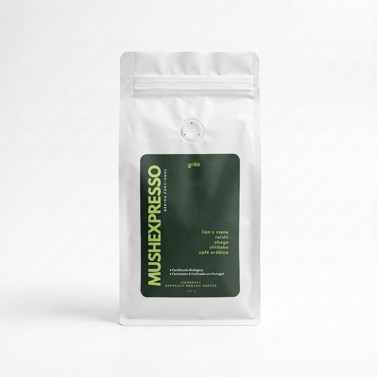 A 250g bag of Mushexpresso universal grind coffee in a white stand-up pouch with a dark green label, photographed on a clean white background.