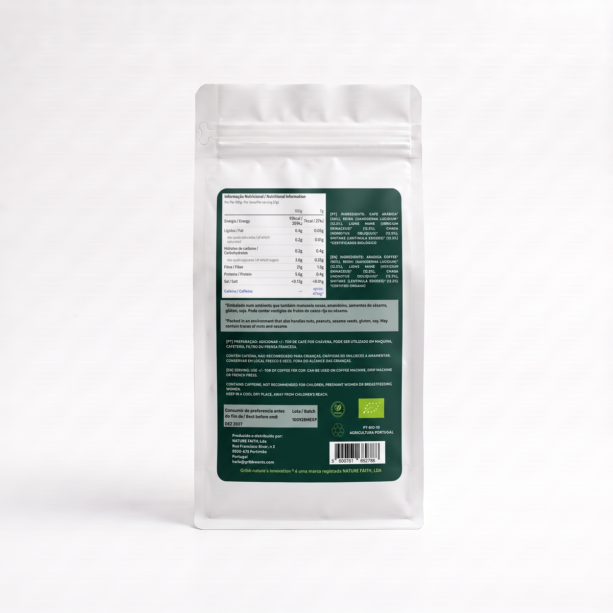 The back of a white stand-up pouch package with a dark green label showing nutrition facts, ingredients, and a barcode, photographed on a light gray background.