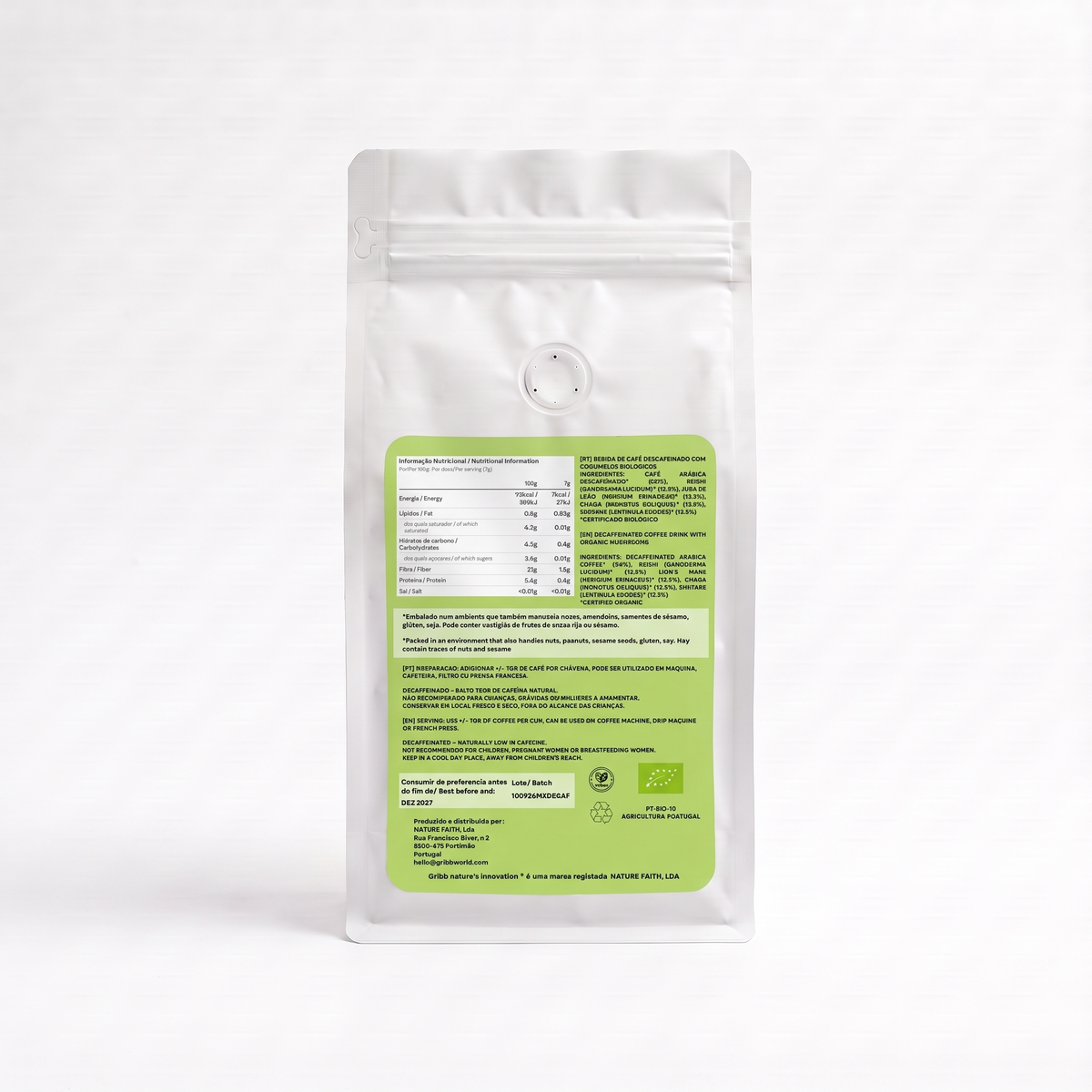 A white stand-up pouch package with a light green label showing nutrition facts and product details, photographed against a clean white background.