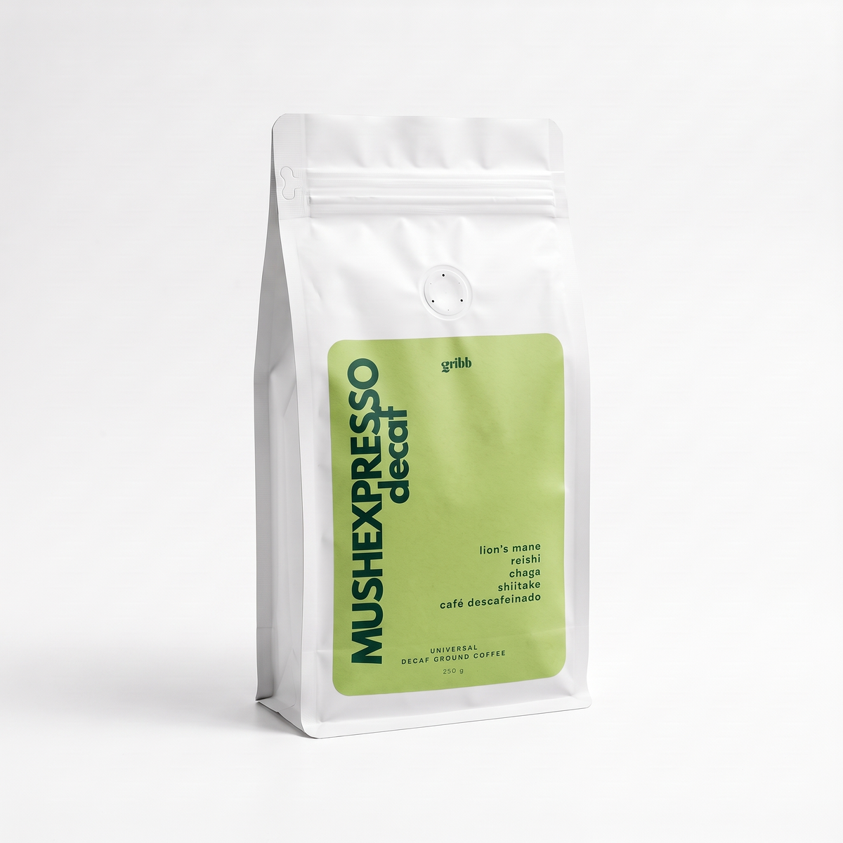 A white stand-up coffee bag with a large light green label reading 'MUSHEXPRESSO decaf'  by gribb