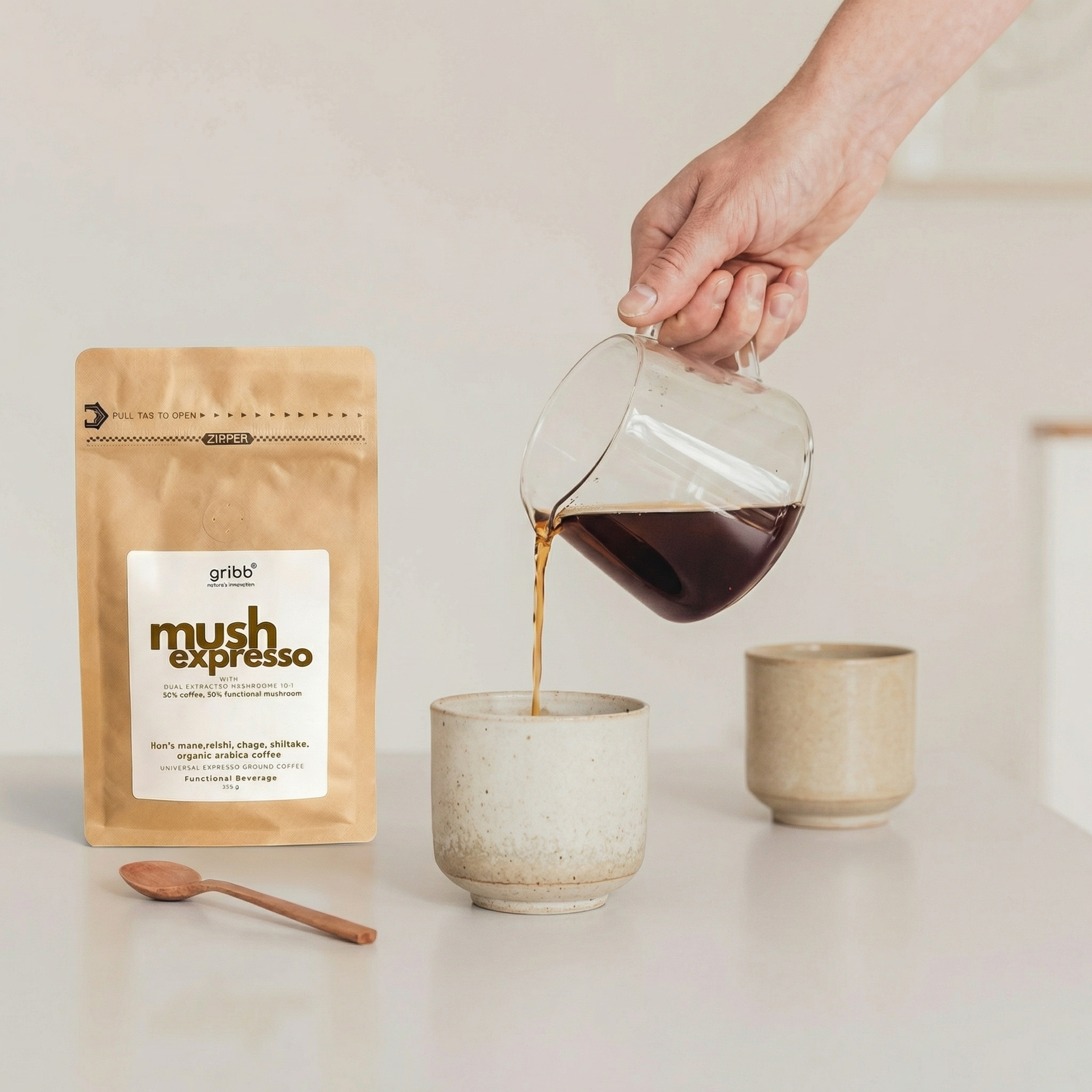 Person pouring coffee from a glass mug into a ceramic cup next to a bag of 'mush espresso' coffee.