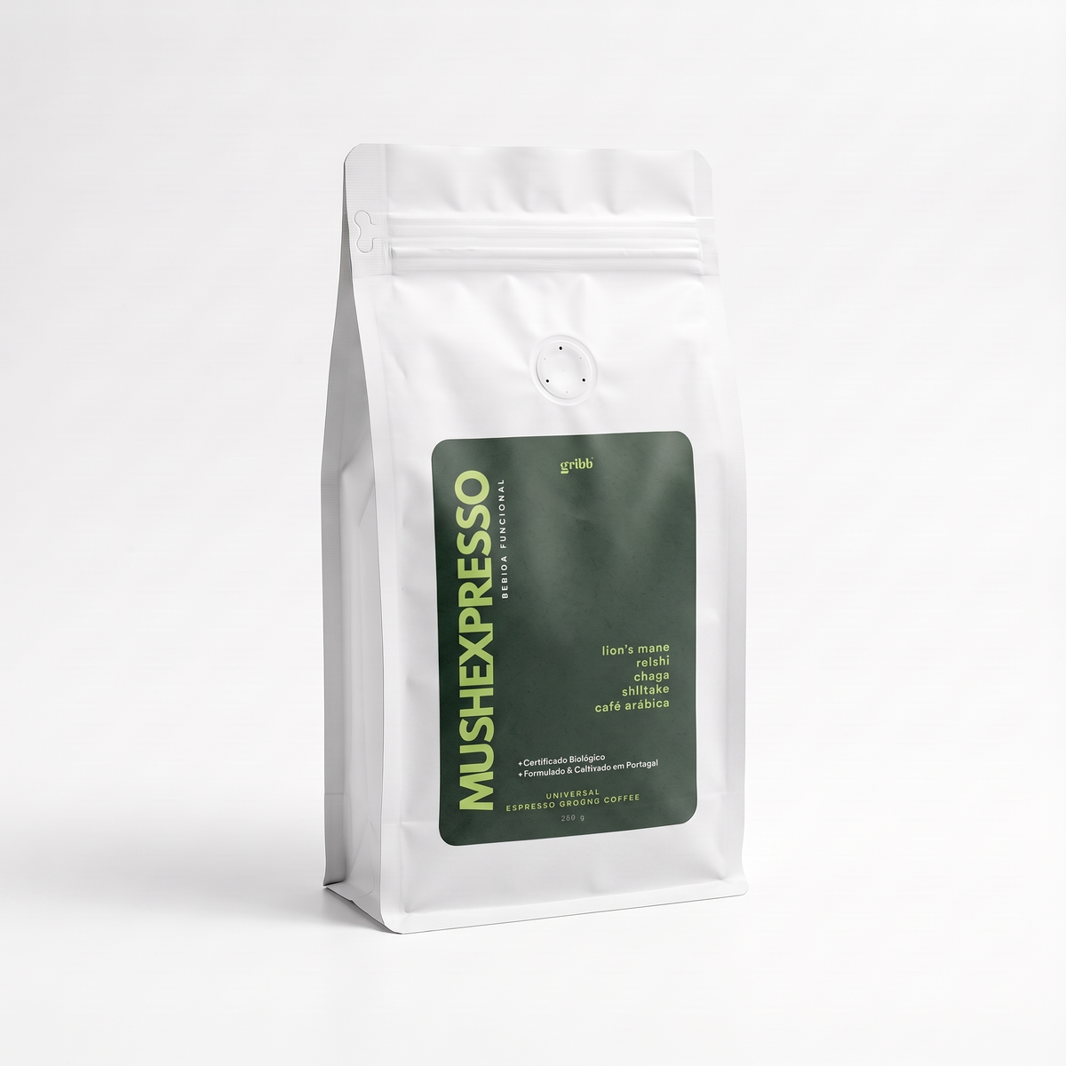 A white stand-up coffee bag with a resealable zipper and a large dark green front label reading MUSHEXPRESSO, photographed on a clean white background.