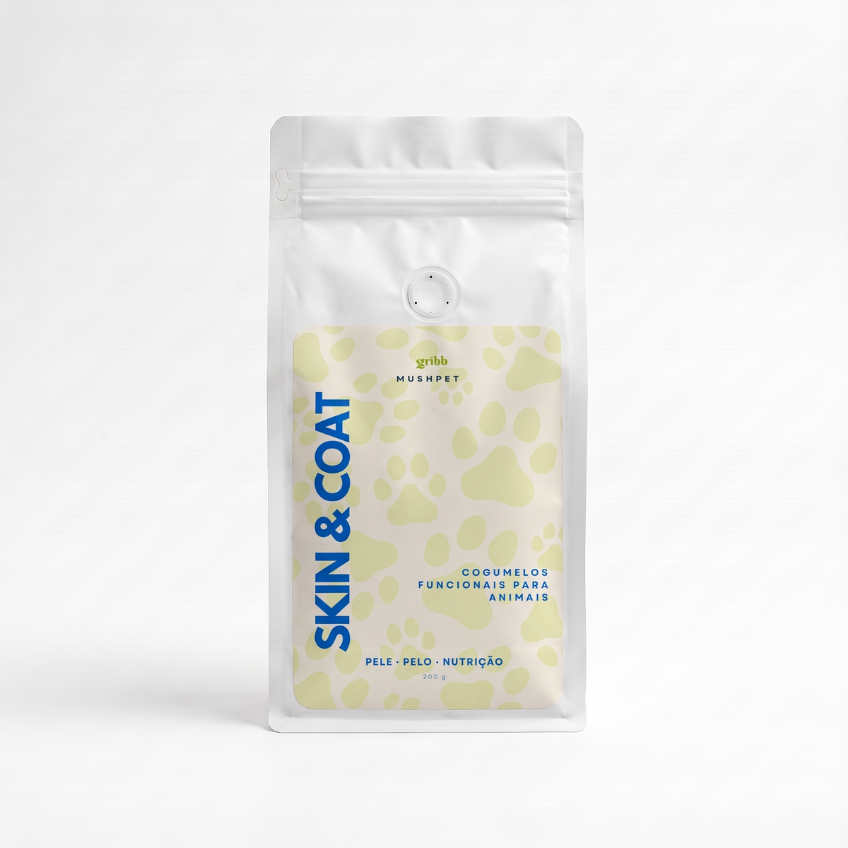 A stand-up pouch package for SKIN & COAT pet supplements by MUSHPET, featuring a white background with a central cream panel decorated with light green cow paw prints and blue text.
